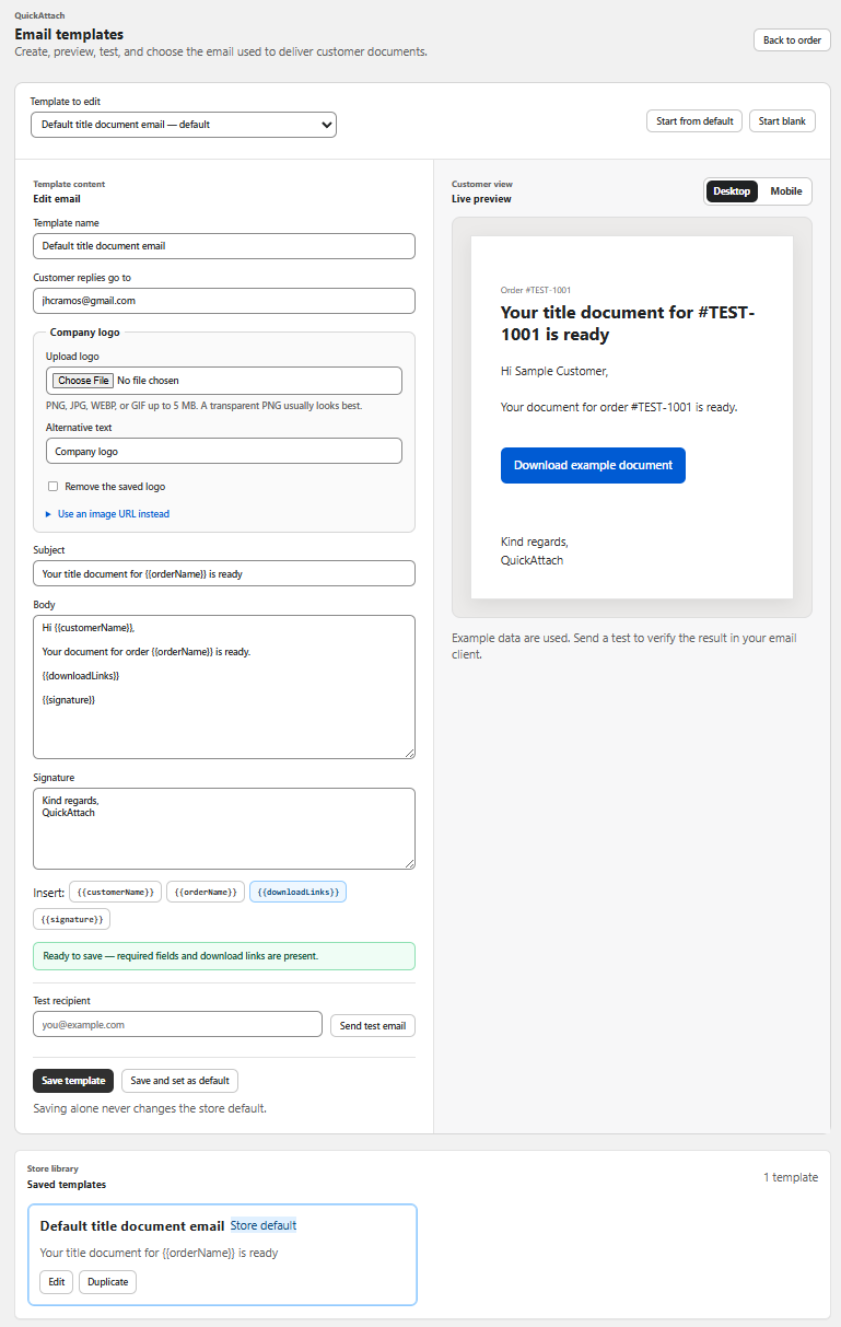 QuickAttach email template editor and customer email preview