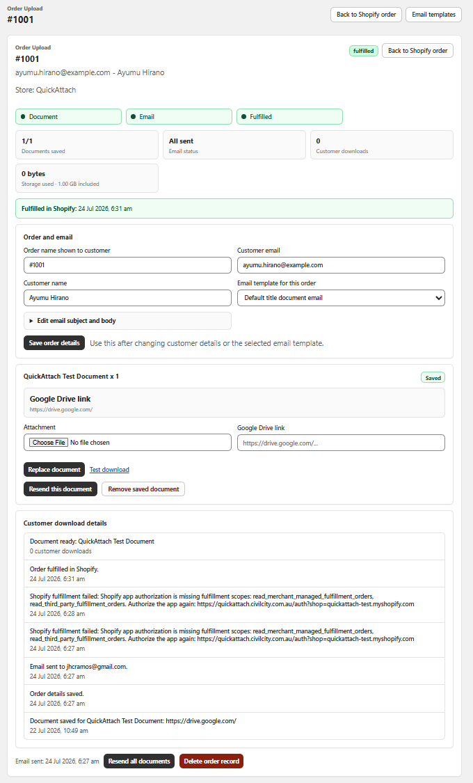 QuickAttach order upload screen showing the saved document, email status, fulfillment state, and delivery activity